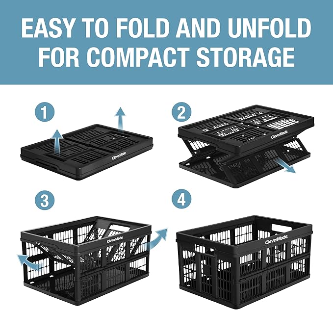 CleverMade Collapsible Utility Crates, Obsidian, 3 Pack, 45L/11 Gal, 66 lbs Capacity, Stackable Containers, Heavy Duty, Space-Saving Baskets,Polypropylene (PP)