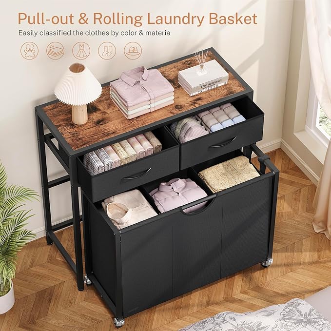 Laundry Sorter 3 Section with Tabletop & 2 Drawers, Rolling Laundry Hamper with Pull-Out and Removable Bags, Laundry Basket Organizer with Wheels and Shelf, Metal Frame Rustic Brown for Laundry Room