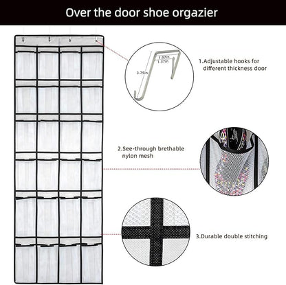 SAVERHO Hanging Shoe Organizer, Over The Door Shoe Organizer with 24 Mesh Large Pockets Door Shoe Rack for Men Women Kids Hanging Door Shoe Holder Size:58x21 Inch (White-2pack)