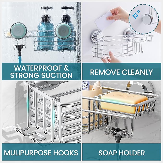 TAILI Shower Caddy Suction Cup 2 Pack with Hooks and Soap Holder, Heavy Duty Shower Organizer for Bathroom, No Drilling Silver Bathroom Suction Shelves-Silver