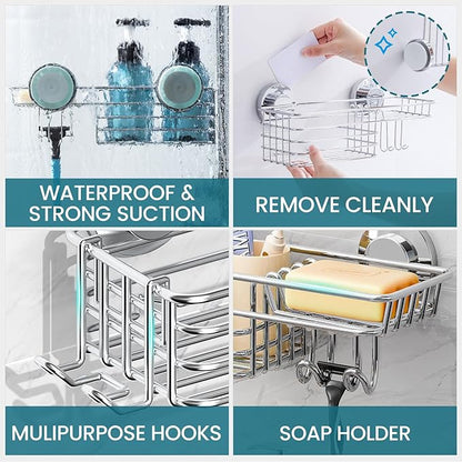 TAILI Shower Caddy Suction Cup 2 Pack with Hooks and Soap Holder, Heavy Duty Shower Organizer for Bathroom, No Drilling Silver Bathroom Suction Shelves-Silver