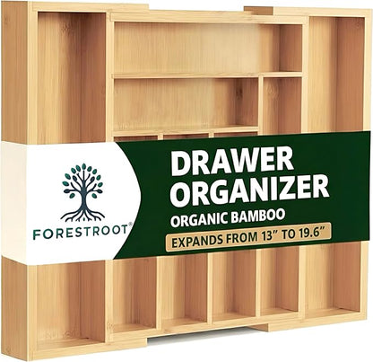 Bamboo Drawer Organizer, Expandable 8-Slot Silverware & Utensil Tray for Kitchen Drawers, Fits 13–19.5 Inch Drawers, Deep Compartments, Durable & Eco-Friendly Natural Bamboo