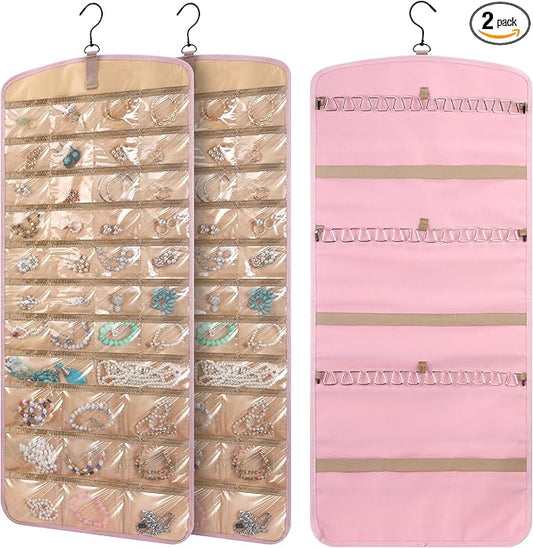 2 Pack Hanging Jewelry Organizer Storage with 39 Pockets, 30 Necklace Hooks Double Sided Wall Mount Earring Holder Organizer Bracelet Necklace Jewelry Display Hanger for Closet Door(Pink)