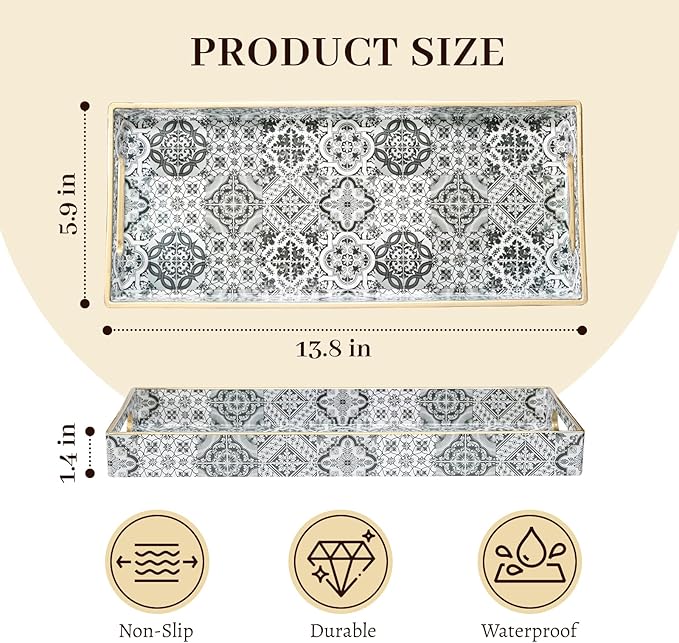 MAONAME Plastic Vanity Tray, Bathroom Counter Tray, Decorative Trays with Handles, Storage Dresser Trays Organizer for Toilet Tank, Jewelry, Makeup, 13.8" x 6" x 1.57"