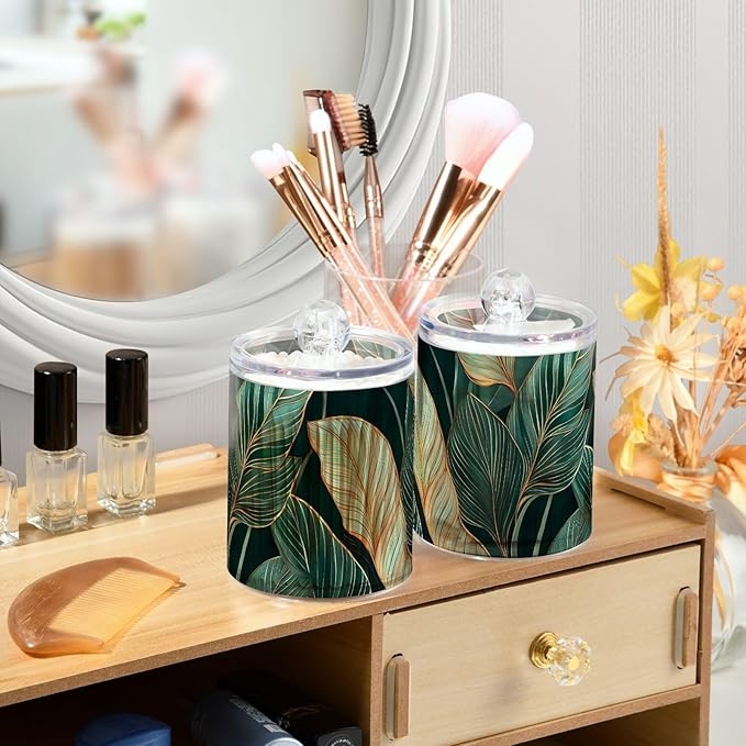 2 Pack Cotton Ball and Swab Organizers with Lid Elegant Leaf Print, Plastic Jars Set Bathroom Canisters Storage Organizer