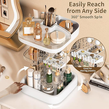 360 Rotating Makeup Organizer for Vanity & Countertop, Clear Adjustable Height Tiered Cosmetic and Skincare Storage, Spinning Perfume and Brush Holder, Jewelry Accessories Desktop Organizer, White