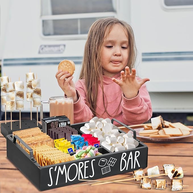 Wooden S'mores Bar Station, Smores Caddy Holder with Handles for Counter, Farmhouse S'mores Serving Tray for Kitchen, S’mores Maker Box for Smores Kit Camping Decor, Smores Accessories Organizer