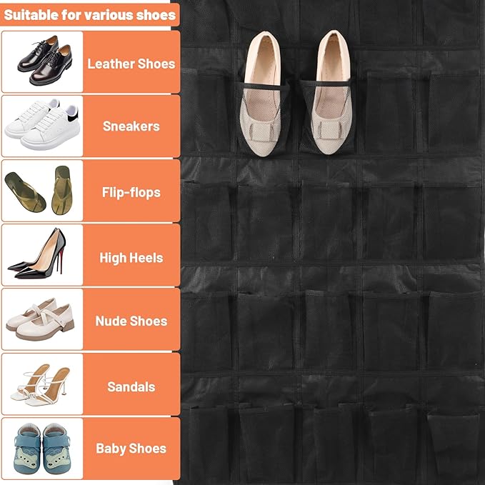 2 Pack Over The Door Shoe Organizer, Hanging Shoe Rack with 40 Large Mesh Pockets for Closet, Behind Door Storage Holder for Entryway, Bedroom, Dorm - Black