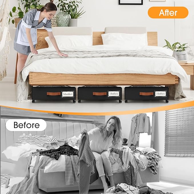 SpaceHacks Under Bed Storage with Wheels 3Pack Storage Containers with Clear Window&Label Under Bed Drawers Rolling Under Bed Storage for Clothes,Shoes, Blankets (30.71 x 16.93 x 6.69 in, Black)