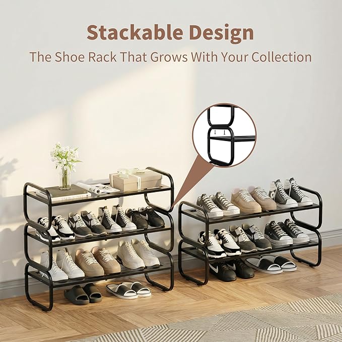 3 Tier Shoe Rack - Expandable Shoe Organizer for Closet, Adjustable Metal Shoe Shelf Storage, Stackable Long Shoe Stand Holder for Garage, Entryway, Door Entrance
