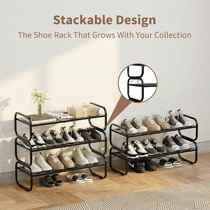 3 Tier Shoe Rack - Expandable Shoe Organizer for Closet, Adjustable Metal Shoe Shelf Storage, Stackable Long Shoe Stand Holder for Garage, Entryway, Door Entrance