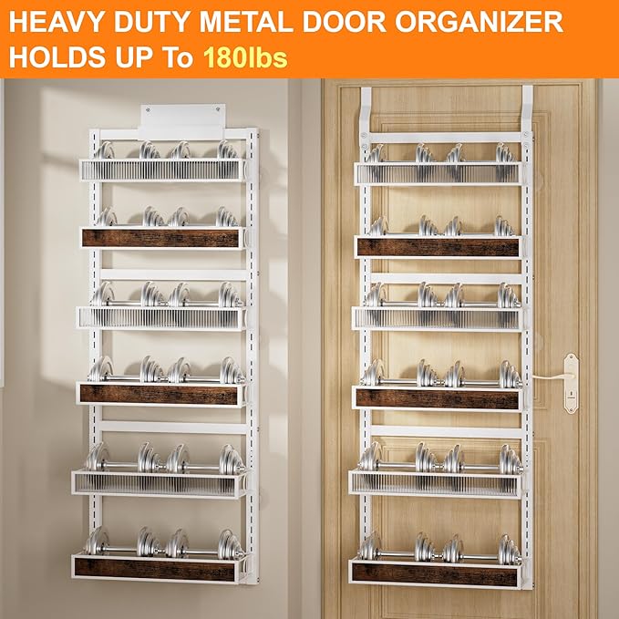 6 Tier Pantry Door Organizer Spice Rack, 2-IN-1 Wall Mount or Hanging Over Door Seasoning Organizer with Adjustable Baskets, Heavy Duty Behind Door Storage Shelves for Pantry, Cabinet and Kitchen