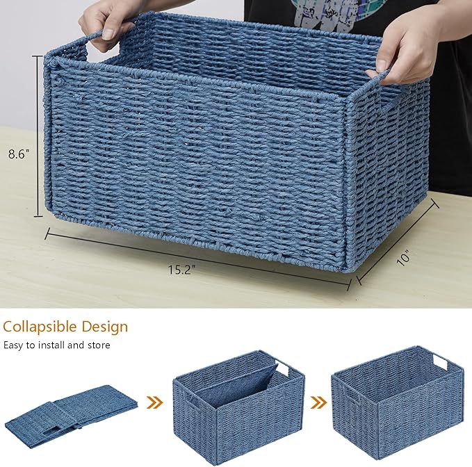 Vagusicc Wicker Storage Basket, Set of 2 Hand-Woven Paper Rope Wicker Basket, Small Storage Baskets for Organizing Toilet Paper Basket, Foldable Large Cube Storage Organizer Bins for Shelves (Blue)