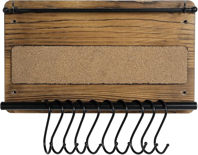 MyGift Wall Mounted Jewelry Organizer, Burnt Wood and Black Metal Necklace Holder, Bracelet, Earring Display Storage Rack with 10 Hanging S-Hooks