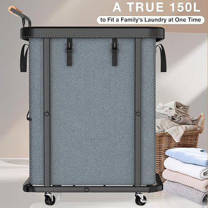 40 Gal (150L) Laundry Hamper with Lid, Leather Patchwork Laundry Basket with Rolling Lockable Wheels and Handle, Laundry Basket Organizer for Laundry Room, Bedroom and Bathroom,Laundry Room - Gray