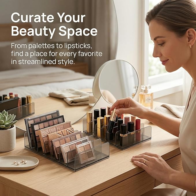 2 Pack Makeup Palette Organizer, 7-Slot Acrylic Eyeshadow Palette Organizer for Drawer or Vanity, Smoky Gray Cosmetic Holder for Palettes, Lipsticks & Compacts