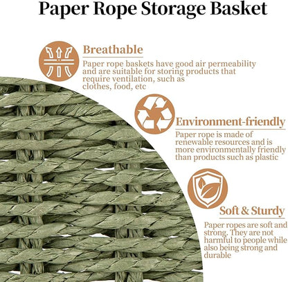 OIAHOMY Wicker Baskets for Organizing, Large and Small Shelf Baskets Set, Handwoven Bins for Storage,Paper Rope Home Organizers, Set of 4-Green
