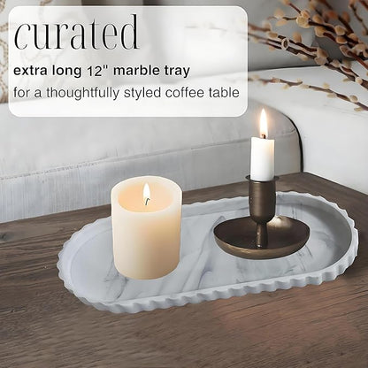 Silicone Vanity Tray Organizer 12"x5.3" White Marble Lace Edge for Countertop Catchall for Perfume Candles Jewelry Dish Perfume Trays for Vanity Bathroom Decorative Tray for Kitchen Counter