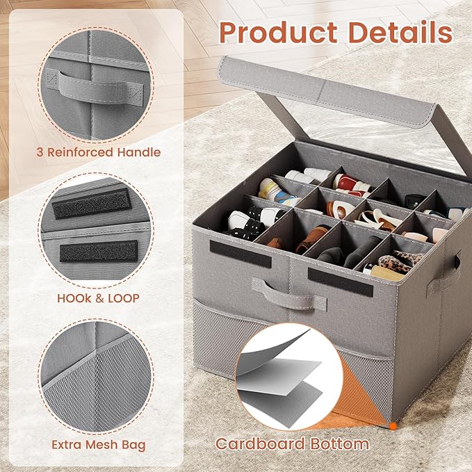 PHINOX Shoe Organizer for Closet, Fits 12-24 Pairs, Shoe Storage Bins with Clear Cover and Reinforced Handles, Foldable Shoe Storage Organizer, Space Saving Shoe Holder for Wardrobe, 1 Pack Gray