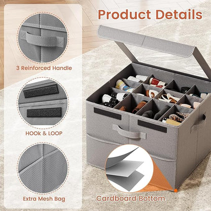 PHINOX Shoe Organizer for Closet, Fits 12-24 Pairs, Shoe Storage Bins with Clear Cover and Reinforced Handles, Foldable Shoe Storage Organizer, Space Saving Shoe Holder for Wardrobe, 1 Pack Gray