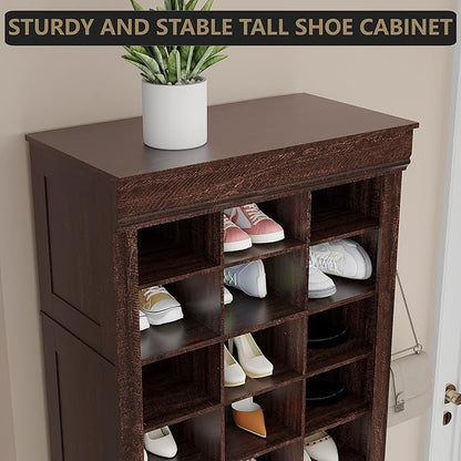 10-Tier Shoe Storage Cabinet, Freestanding Wooden Shoe Rack with Cubbies, Farmhouse Tall Shoes Cubby Organizer for Entryway, Mudrooms, Living Room