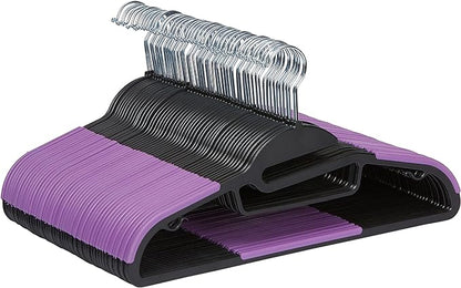 Amazon Basics Space Saving Non-Slip Rubber Coated Plastic Hangers with 360 Degree Swivel Hook, Black/Purple, Pack of 50