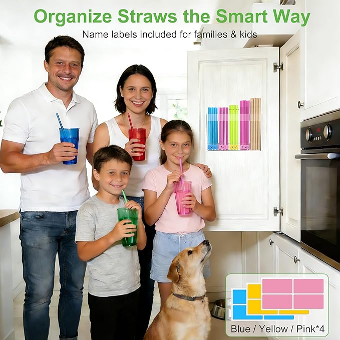9.4” Large Acrylic Straw Holder for Cabinet Door, Reusable Straws Organizer Storage with Ultra Sticky Adhesive & Name Labels, Space-Saving Straw Storage Dispenser for Kitchen Counter Cupboard
