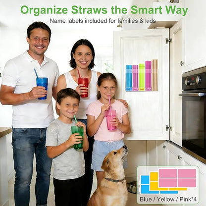 9.4” Large Acrylic Straw Holder for Cabinet Door, Reusable Straws Organizer Storage with Ultra Sticky Adhesive & Name Labels, Space-Saving Straw Storage Dispenser for Kitchen Counter Cupboard