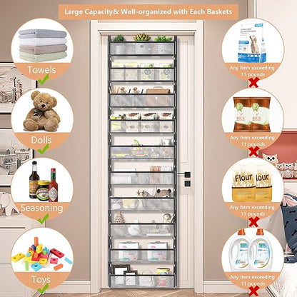 10-tier Over The Door Pantry Organizer with Mesh Baskets, Adjustable & Stable Hanging Spice Rack for Kitchen, Bathroom, Bedroom, and Baby Essentials Storage (16" W 10-Tiers, Black)