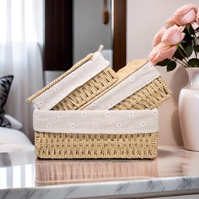 GIB Small Wicker Storage Baskets with Lids and Liner, Rectangular Paper Rope Woven Baskets for Organizing, Decorative Boxes Boho Decor for Shelves Table Desktop Makeup Organizer, Set of 3