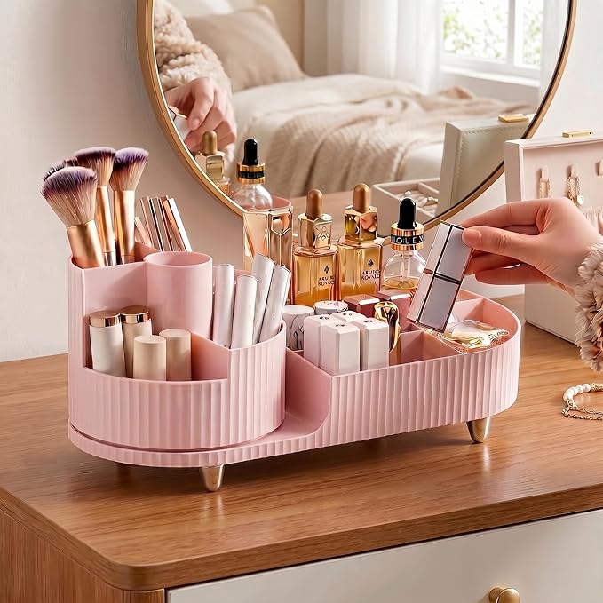 Booklov Rotating Makeup Caddy Organizer for Vanity, Large Capacity Cosmetic Display Case, Countertop Beauty Storage Holder for Skincare, Brush Eyeshadow Lipstick, Counter Desk Organization, Pink