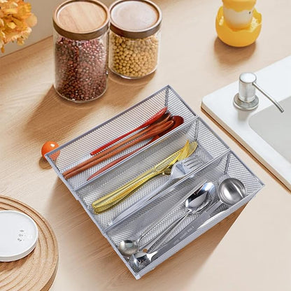 6 PCS Mesh Flatware Organizer, Silver Mesh Drawer Organizer for Kitchen, Metal Utensil Organizers for Flatware, Knives, Spoons,Cosmetic for Kitchen Utensil Tray (Silver, 9 x 3 x 2 inch)