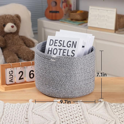 MiniArk Small Basket for Organizing | Cube Shelf Closet Storage Baskets | 9.7×9.7×7.1” | Woven Rope Gift Basket | Nursery | Round 3 Packs Mixed Grey