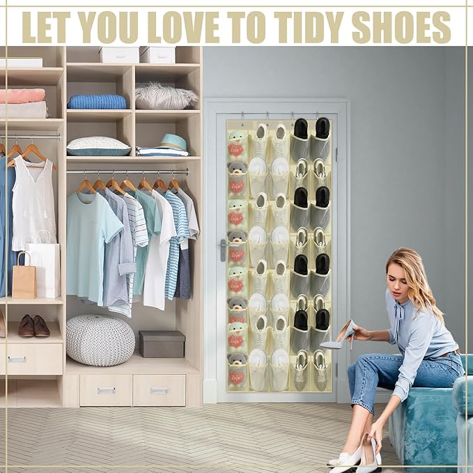 Windyun 40 Over the Door Shoe Organizer Large Breathable Mesh Pockets Hanging Shoe Rack for Closet Beige Behind Door Hanger Storage Holder Nonslip Hooks for Women Men Entryway Bedroom Utility Room