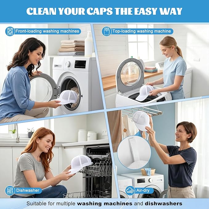 Eiito Hat Washer Cage Hats Cleaner, 4Pcs (2 Cages + 2 Bags) Hat Washer for baseball caps for Washing Machine or Dishwasher, Ball Cap Washers Frame for Flat & Curved Hats, White