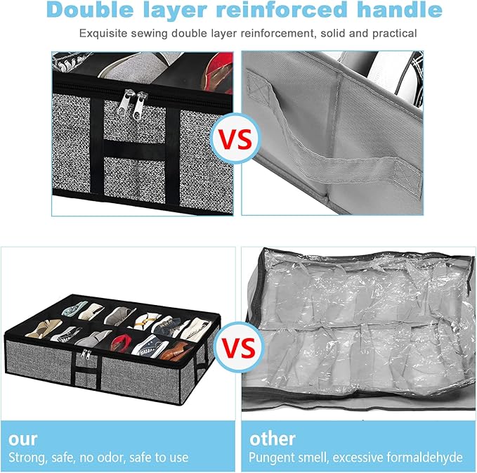 Under Bed Shoe Organizer Storage for Closet 2 Pack- Fits 24 Pairs Underbed Shoes Container Boxes with H Shap Sturdy Handles and Clear Window,Foldable Shoe Rack Holder,Black