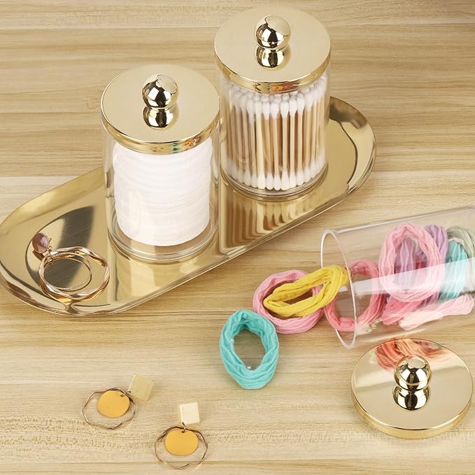 Tbestmax 3 Pack Qtips Holder with Gold Tray, 10oz Cotton Swab Ball Holder for Bathroom Essentials Accessories Decor Clear Plastic Canister Apothecary Jars