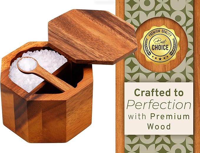 ARANYA Wooden Pepper and Salt Cellar with Lid and Spoon Set Keeper Two Compartments Spice Seasoning Wood 7oz. Container for Countertop Kitchen Storage Sea Salt Box Holder with Anti-Slip Feet Slip