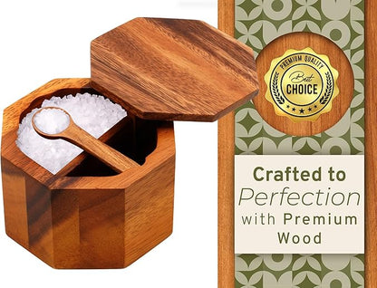 ARANYA Wooden Pepper and Salt Cellar with Lid and Spoon Set Keeper Two Compartments Spice Seasoning Wood 7oz. Container for Countertop Kitchen Storage Sea Salt Box Holder with Anti-Slip Feet Slip