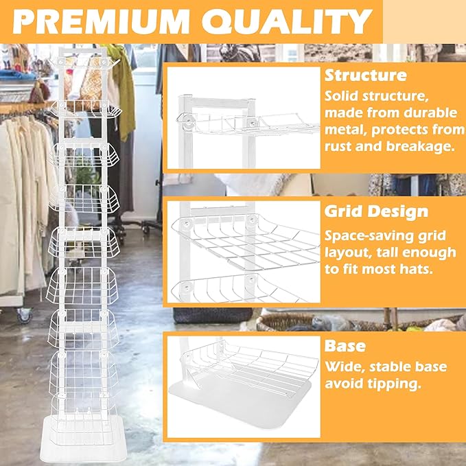 Hat Display 9 Tier, Hat Rack Stand Up to 70 Caps, Metal Hat Stands for Multiple Hats, Commercial Retail Hats Display, White