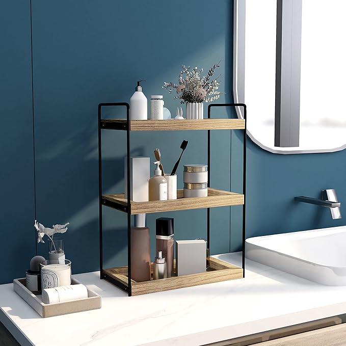 Dorhors 3 Tier Bathroom Counter Organizer,Countertop Bathroom Storage Shelf,Counter Tray and Vanity Organizer (Brown)