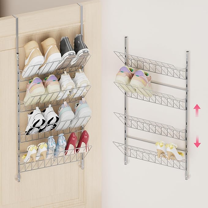 SWTYMIKI Over the Door Shoe Organizer - Adjustable 4 Tier Hanging Shoe Rack Organizer, Metal Heavy Duty Behind Door Storage or Wall Mount Shoes Shelf for Flats, Heels, Sneakers, Boots Sliver