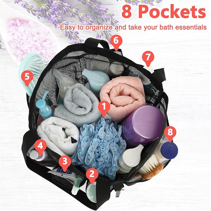 Fammart Mesh Shower Caddy Portable for College Dorm Room Essentials, Odorless Polyester Large Shower Tote Bag with Dual Handles, 8-Pocket Quick-Dry Toiletry Organizer for Travel, Beach, Camping, Gym