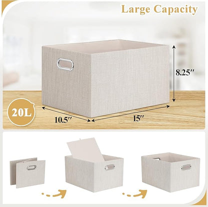 Posprica Closet Storage Bins, 4 Pack Closet Shelf Organizers, Linen Fabric Decorative Storage Baskets for Organizing, Foldable Storage Box for Clothes, Toy, 15x10.5x8.25 Inch (Beige)