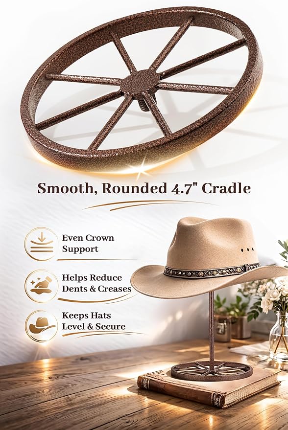 Cowboy Hat Stand, Heavy Duty Metal Hat Holder for Desk Countertop Closet, Wagon Wheel Hat Display Rack for Fedora, TableTop Western Hat Stand for Vendors Retail, Mens Cowboys Gifts, 2 Pack, Bronze