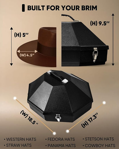 Cowboy Hat Box for Travel – Cowboy Hat Travel Case Hard Shell w/Mirror, Latches & Bag – Western Hat Can for Cowboy - Hat Boxes for Men & Hat Boxes for Women Storage - Midnight Black