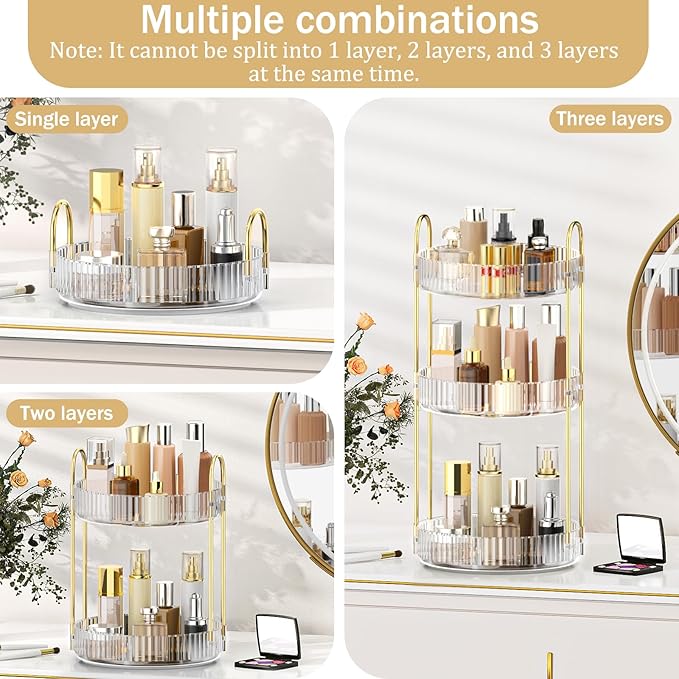 MOKANI 360 Rotating Makeup Organizer for Vanity, 3 Tier Adjustable Perfume Organizer for Dresser, Multi-Function Spinning Cosmetics Skincare Storage for Bedroom, Dresser, Countertop, Clear
