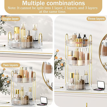 MOKANI 360 Rotating Makeup Organizer for Vanity, 3 Tier Adjustable Perfume Organizer for Dresser, Multi-Function Spinning Cosmetics Skincare Storage for Bedroom, Dresser, Countertop, Clear