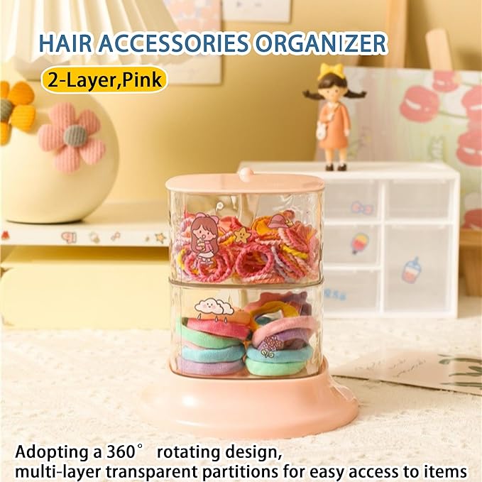 Hair Accessory Organizer, 2-Layer Rotating Clear Hair Tie Organizer for Hair Clips, Headbands, Hair Ties, Earring, Necklace, Ring, Jewelry Boxes & Organizers for Girls & Women (2 Layer-Pink)