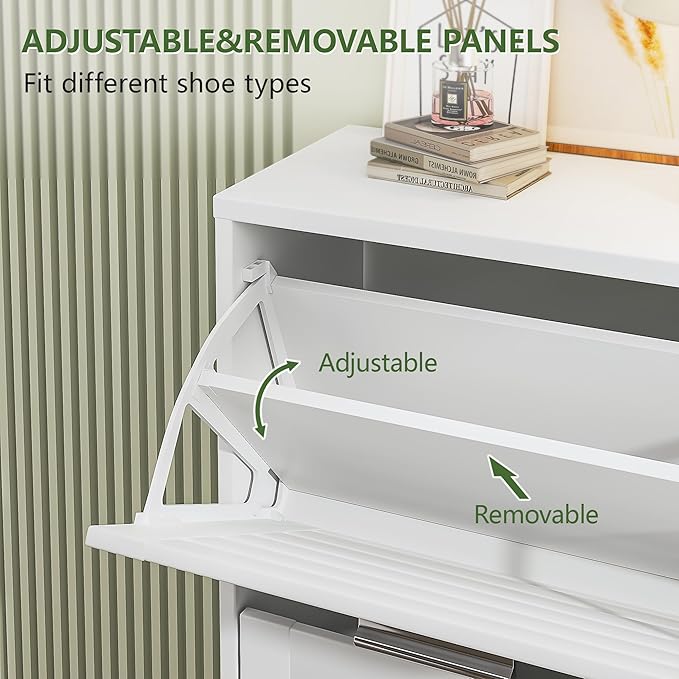 VECELO Shoe Cabinet Storage for Entryway with 3 Flip Drawers Slim Hidden Free Standing Organizer for Narrow Hallway, Bedroom, Living Room, Large Capacity, Modern, White, 3-Shelf
